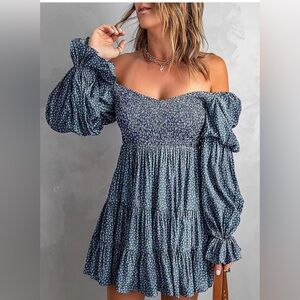 NWOT Long-sleeve Off Shoulder Puff Blouse Sleeve Boho Dress - Ruched Bodice